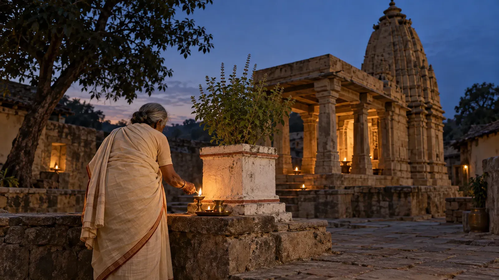 An elderly woman lighting a brass diya beside a tulsi plant in the stone courtyard of an old village temple at dusk.
