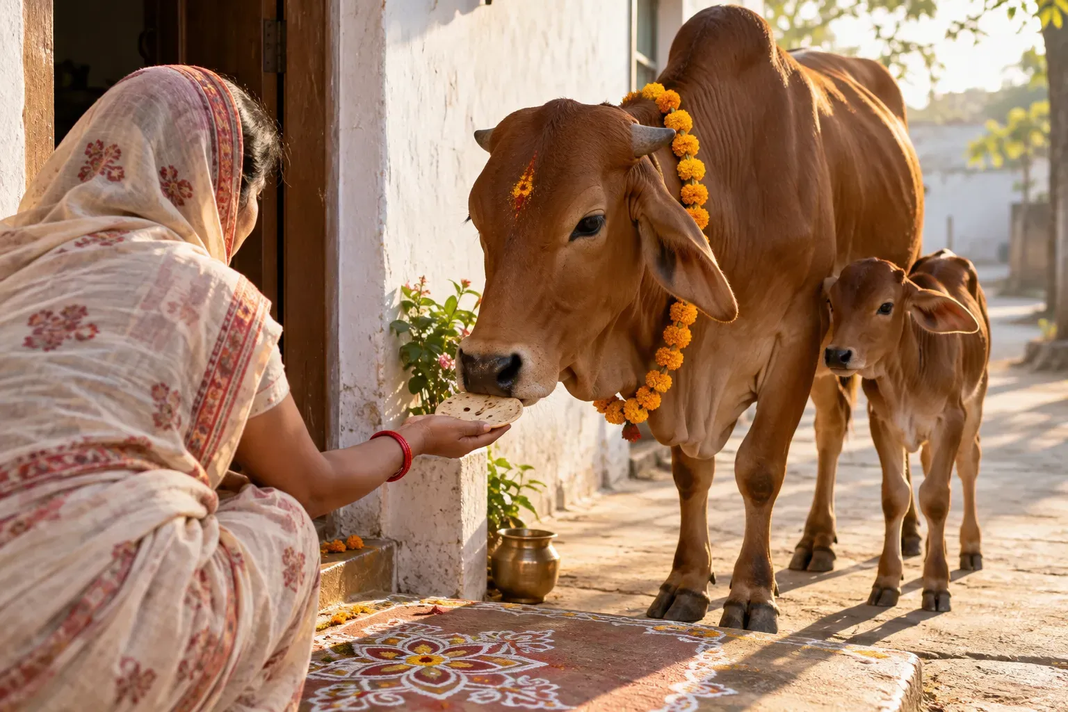 A woman offers the first roti of the morning to a garlanded reddish-brown Indian cow with a tilak on its forehead, a calf standing close behind.