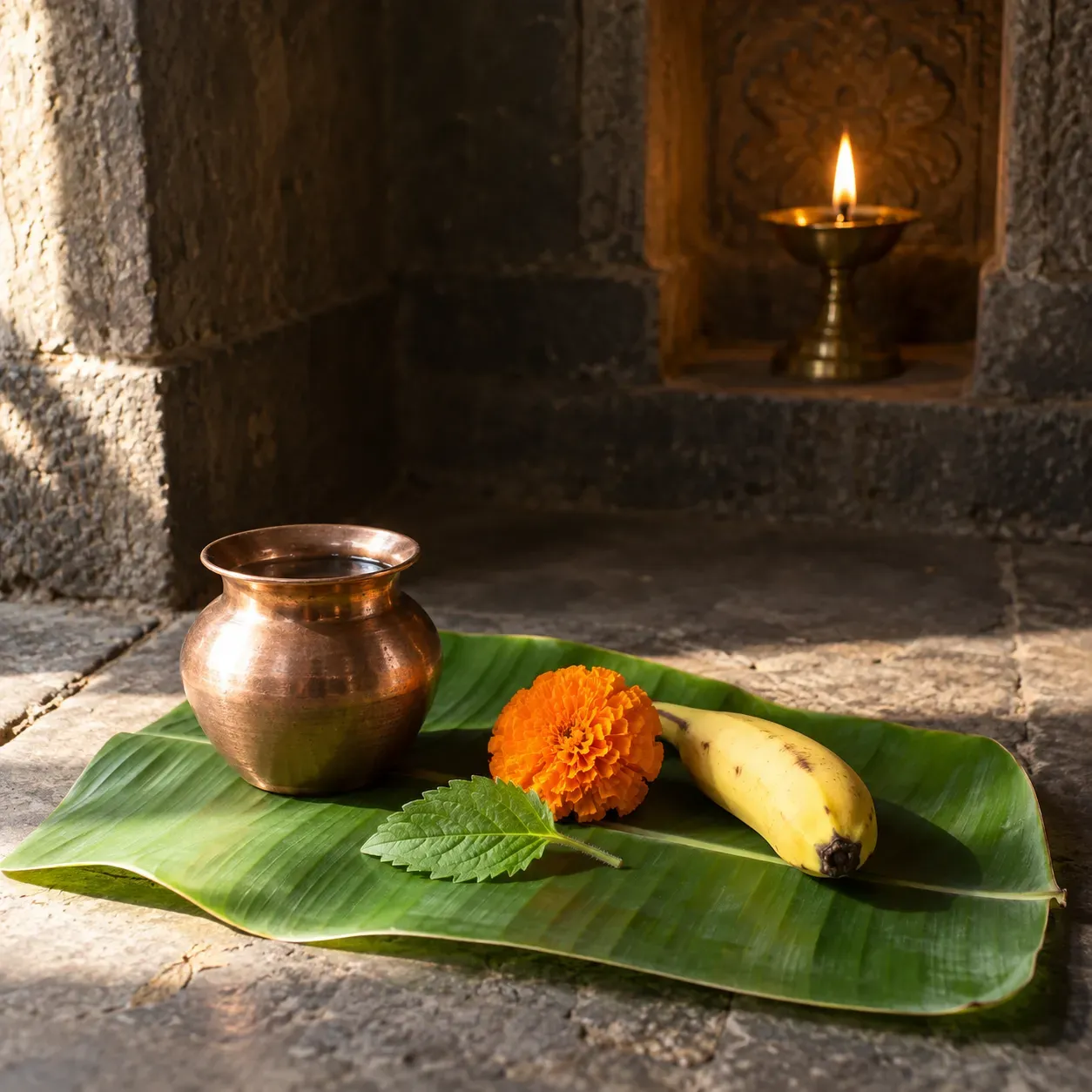 A single tulsi leaf, a marigold, a small banana and a copper lota of water on a banana leaf before a lit brass lamp in a stone niche.