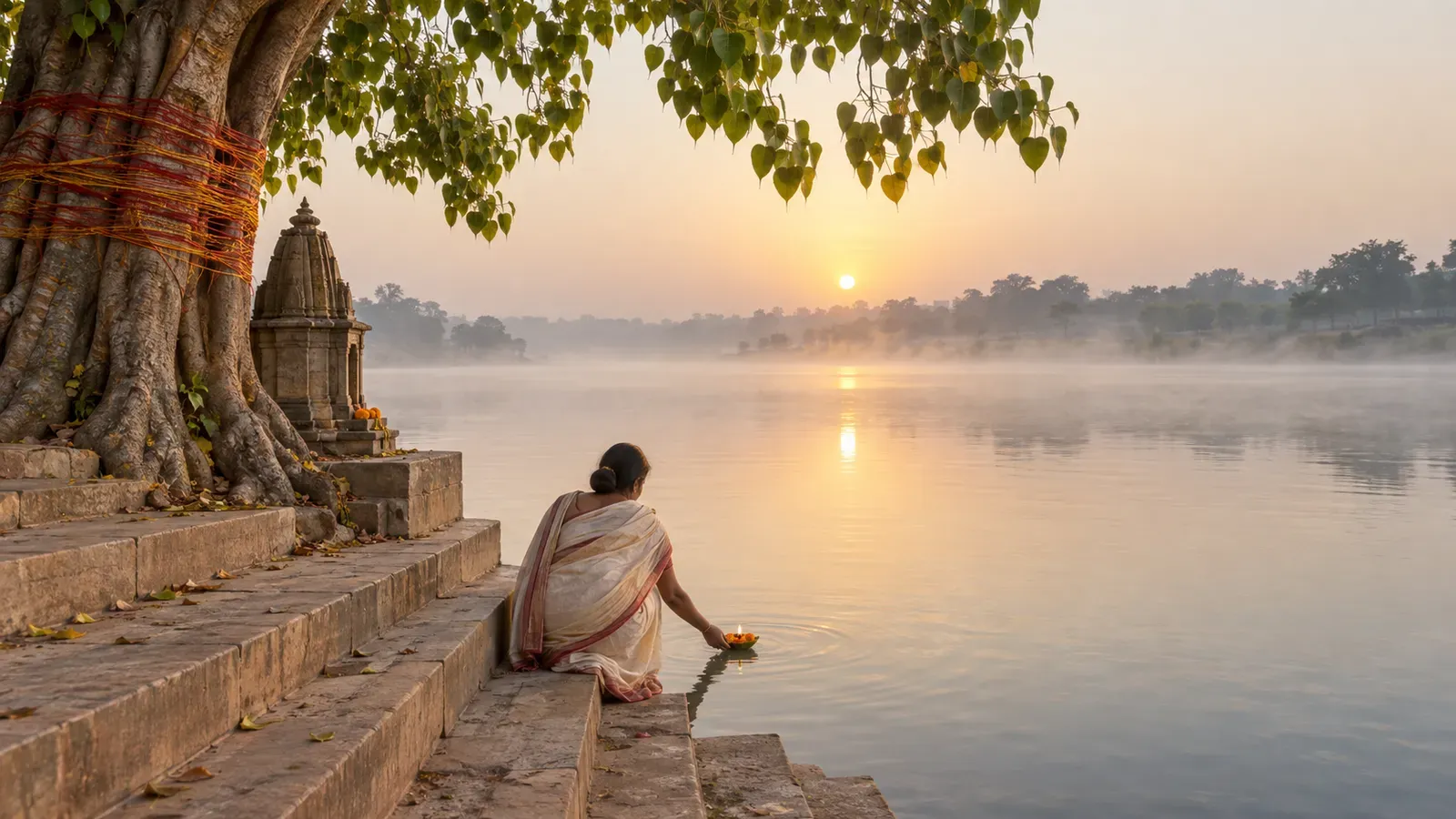 Dawn on a calm river: a woman on the stone ghat steps releases a leaf-cup lamp onto the water beside an old peepal tree wound with sacred threads.