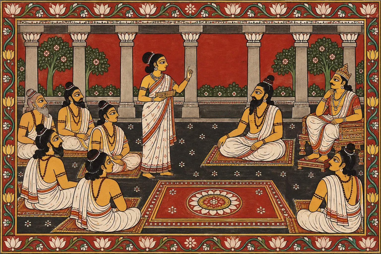 A Pattachitra-style painting of Gārgī standing to question the sage Yājñavalkya in King Janaka's pillared assembly, scholars seated around them.