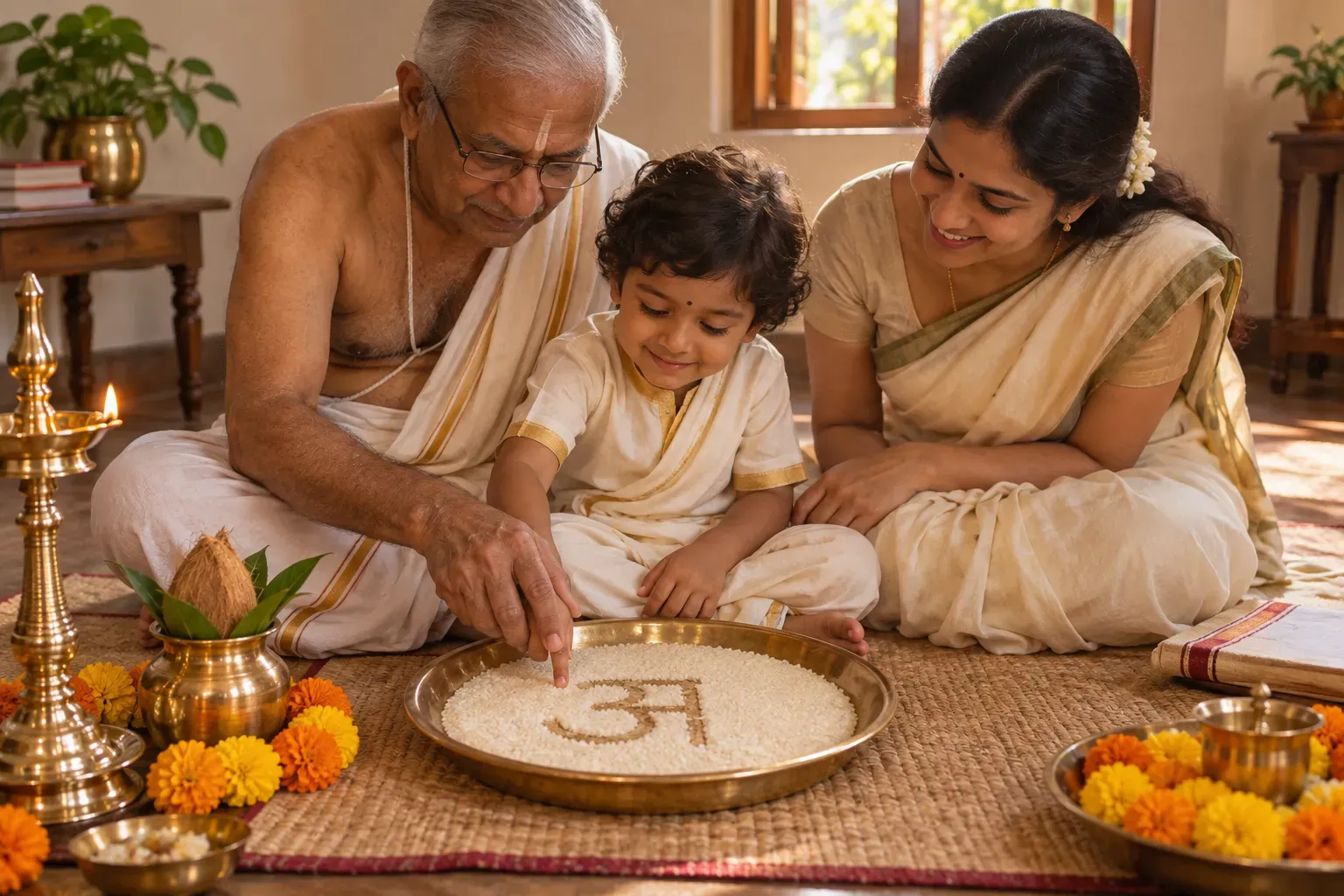 A grandfather guides a small child's finger to trace the Devanagari letter अ in a brass plate of rice while the child's mother watches, a brass lamp lit beside them.