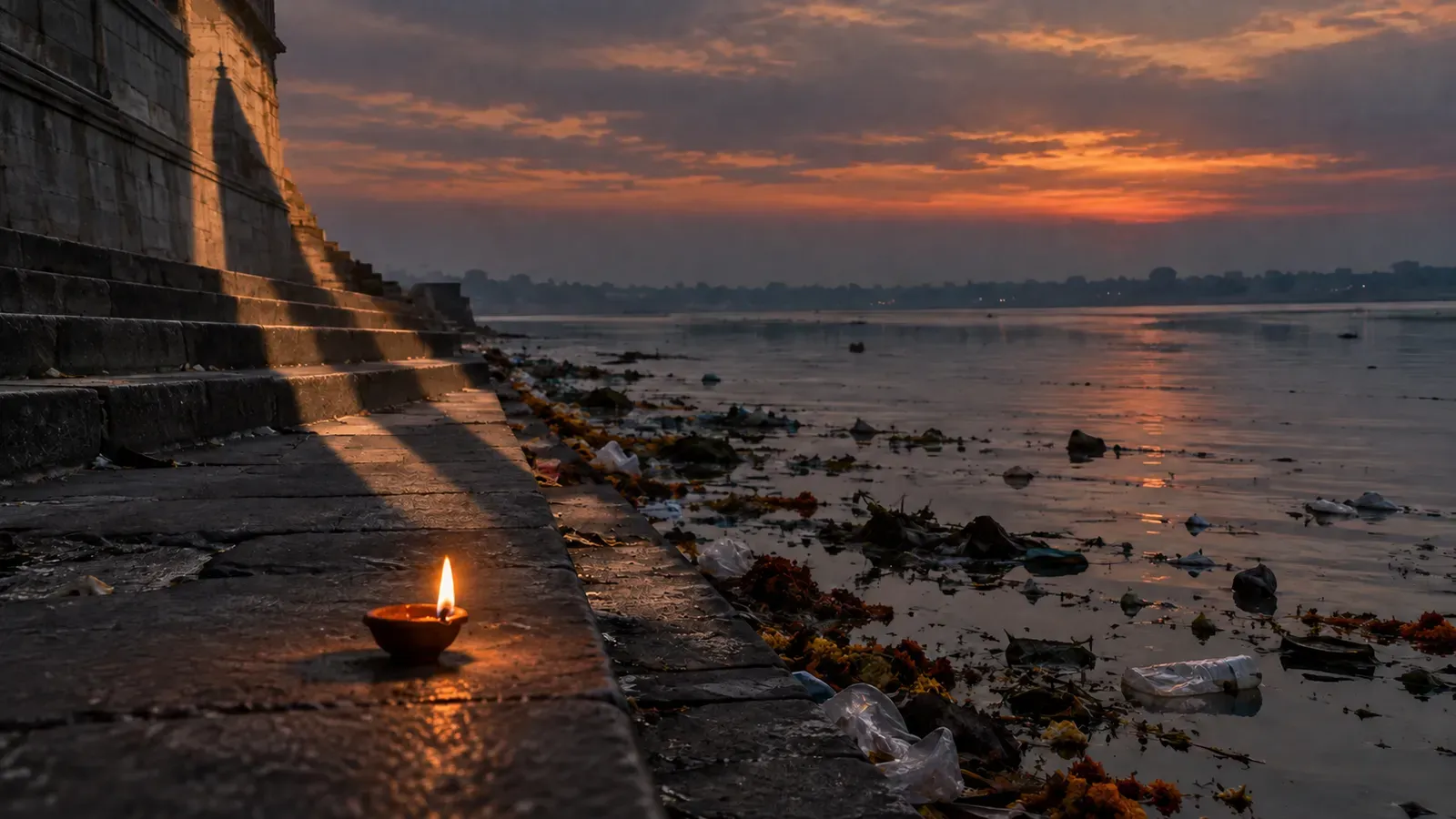 Dusk on river ghat steps: a single clay diya burns on a clean stone step while litter and faded flowers lie along the grey water beyond.