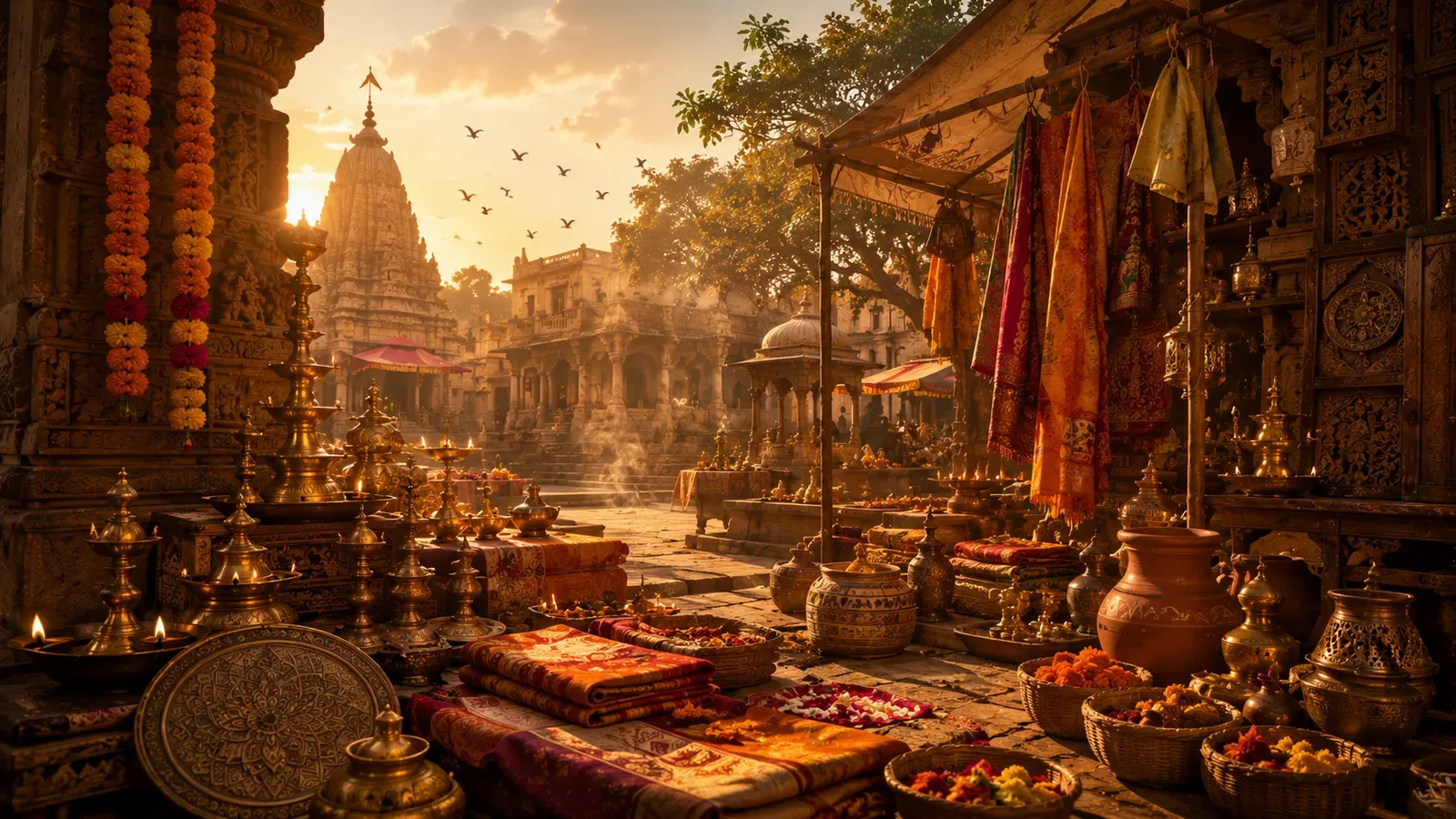 A temple courtyard at golden hour — brass vessels, marigold garlands, and folded textiles laid out before a gopuram.