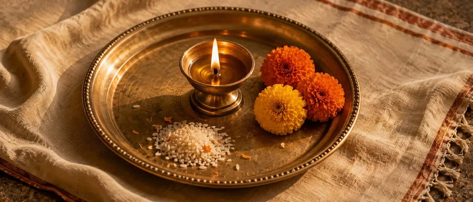 A brass tray holding a single lit ghee diya, marigold flowers, and a few grains of akshata on cream cotton cloth.